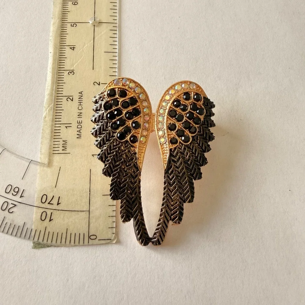 Gold Tone Angel Wing Brooch Black Rhinestone AB Crystal Fashion Pin‎